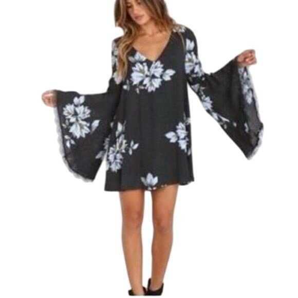 Free People Floral Print Lace Trim Bell Sleeve Mini Shift Dress S| Whimsigoth FP - Picture 5 of 16